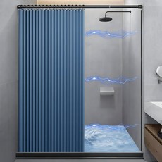 RUN Home 욕실 방수 샤워커튼 무타공 벽면자석 패브릭 + 커튼봉 + 하단방수바 세트, 블루, 1세트