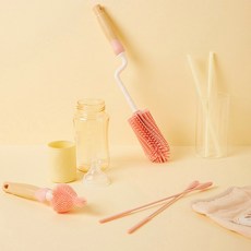 홈플리 국산 실리콘 젖병솔 젖꼭지솔 2종세트 회전형 + 빨대세척솔 1p, 핑크, 1세트