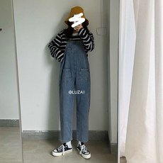 여성 유니크 투포켓 일자핏 데님 멜빵 바지 사계절