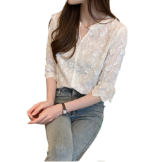 러블로어 입체꽃자수 차이나카라 블라우스