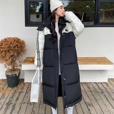 여성 겨울 배색 패딩 롱 무릎에 도톰한 한국판 박시 보온 패션 패딩