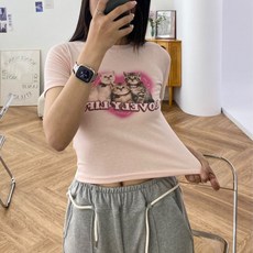오무아무아 [1+1할인/촉촉원단] 러블리캣 디지털프린팅 캐주얼 세미크롭 반팔티 여름티셔츠