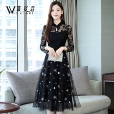 로로퍼스 에이라인원피스 레이스 치파오 리폼 판 여성 봄가을 이너 미디롱 두터운 융털