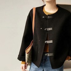 POMTOR 여성 가을 블랙 더플 코트 캐주얼 울 자켓