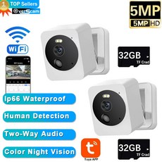 투야 스마트 미니 와이파이 IP 카메라 실내 무선 홈 보안 AI 인간 감지 CCTV 감시 블록 카메라 5MP 방수, 2개, 06 2PCS Add 32GB Card, 21) 2PCS Add 32GB Card - EU 플러