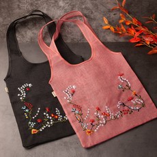 하율공방 고급 모시 전통 시스루 꽃자수 플라워 손가방 에코백 시장가방