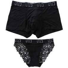 소프트 모달 커플 팬티 글래머러스 세트 투명 레이스 팬티 AX#NK1209.06, 블랙, 여L+남3XL