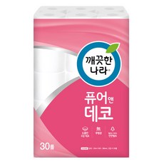 깨끗한나라 3겹 퓨어앤데코 순수 30m 30롤 / 천연펄프 무형광 데코엠보싱 화장지 두루마리 휴지, 30롤 X 1팩, 30개