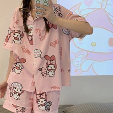 짱구는 못말려 파자마녀 여름 여성 잠옷 여름 캐릭터 큐티 얇은 반팔 카디건 홈 웨어 세트 산리오