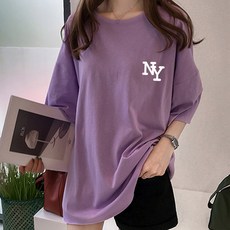 [1+1] 스타일아유 여성 여름 오버핏 반팔 티셔츠 빅사이즈 NY 여자 루즈핏 롱박스티셔츠 - 이미지 5