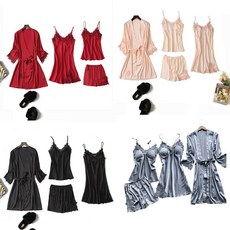 실크 슬립 4종세트 섹시 가운 원피스 이벤트속옷 란제리 레이스 잠옷 신혼 선물 (6컬러)