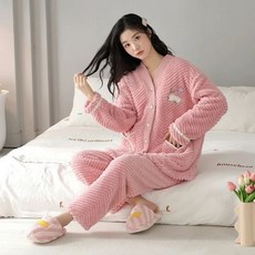 커플용 두꺼운 봉제 벨벳 잠옷 세트 귀여운 기모노 커플 라운지웨어 남녀 가디건 파자마