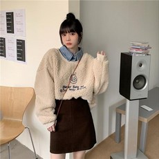 요즘힙한 블핑제니 뽀글이 데님카라 스웨터 여성니트 여자니트 완소템 클럽룩