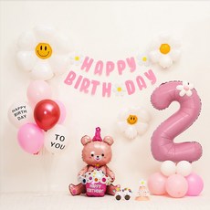[피앤비유니티] 데이지곰돌이 가랜드형 생일풍선세트, 04-2)데이지곰돌이 가랜드형-핑크 숫자2, 1세트