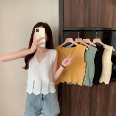 디자인감이 작은 청신 V넥 반팔 니트 배틀넥 여성 여름 안에 펀칭 빈팔 상의 여남의 여하리 여