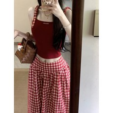 제니 스타일 레드 끈 나시치마 두 벌 세트