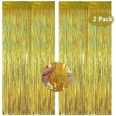 2Pcs 레이저 메탈릭 틴젤 프린지 커튼 골드 1M x 2M Abcty Sparkle Party 스티커 백드롭으로 생일 축하 브라이달 샤워 베이비, 단일옵션