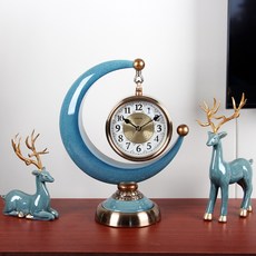 사슴 탁상 시계 세트 레트로 인테리어 소품 집들이 선물, 12인치, 블루 크레센트 더블 디어 조합