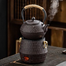 야외용난로 쇠주전자 오븐 철재 차도구 다도용 가열 히터 가정용 야외 알콜 목탄화로, 양이 숯 스토브 + 1.2L 모란 철