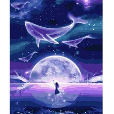 MJS 보석십자수 캔버스형 50 x 40 cm DIY 세트 비즈함 증정, F32 - 고래와 밤하늘 소녀, 1개