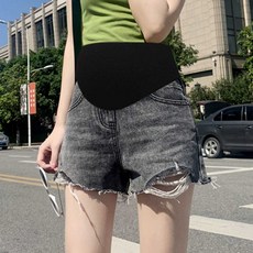 임산부청반바지 임부복 청바지 밴딩 찢청 루즈 반바지 데님