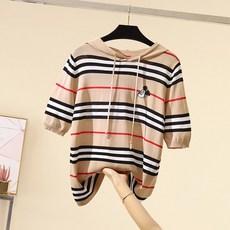 제이앤티컴퍼니 루즈핏 미키자수 아이스 래쉬가드 니트 스트라이프 후드 오버 반팔 상의 니트 티 q20509