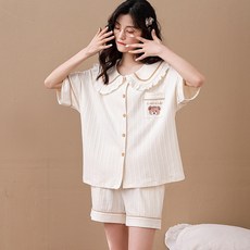 커플 니트 면 오픈 반바지 파자마 투피스 빅 사이즈 실내복 아우터 세트