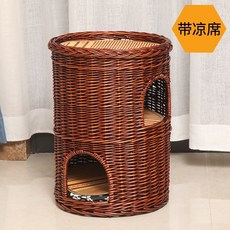 라탄 강아지 고양이 2층침대 사계절 쉼터 나무 사다리 애견 숨숨집 반려동물 원목 하우스, 두 번째 레이어 [고양이 10마리에 적합], 2단 커피색+매트, 1개