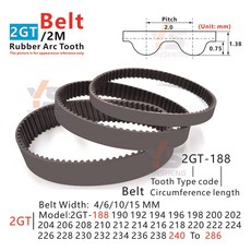 타이밍벨트 250 동기 286 240 타이밍 10 260 220 190 15mm 270 230 고무 232 벨트 280mm 200 2GT 188, 1 개, Belt width-6mm, 2GT-214, 1개