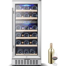 AAOBOSI 와인 냉장고 24병 쿨러 4666°F 음료 유리문 프리 스탠딩 미니 저장고 숙성 레드화이트샴페인스파클링 바 홈 콘도 온도 조절 가능, 15 Inch 30 Bottles Dual Zone