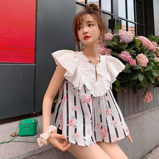 반딧부리 체크셔츠 지리지구본 가게 가볍게 사치한 소녀 타입 꽃자수 인형 와이셔츠 여성 플라워 스트라이프 단가라 날다 토시
