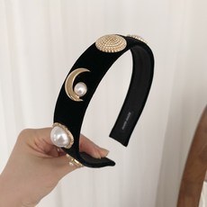 고퀄 블랙 골드 진주 포인트 메탈 헤어밴드 한혜진 벨벳머리띠