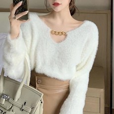 러블리트 2M2TMME3 여성 봄 가을 브이넥 체인 앙고라 니트티