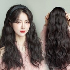 하이유니 히피 펌 헤어 심플 블랙 머리띠 가발 50cm, 네츄럴블랙, 1개