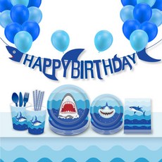 상어 캐릭터 어린이 생일파티 일회용 접시/일회용컵/가랜드/종이빨대/일회용식기 플레이팅 세트, 1개