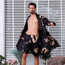샤워가운 오버사이즈 실크 잠옷 남자얇은스타일 여름아이스사 홈웨어 특대사이즈 빅맨 패기있는느낌 용포, T01-175(XL), C01-블랙+반바지