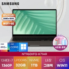 삼성전자 WIN11 갤럭시북3 프로 NT960XFG-K71AR 삼성노트북 고해상도 노트북 사무용 노트북, WIN11 Home, 32GB, 1TB, 코어i7, 그라파이트