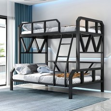 이층침대 철제침대 상하 이층 침대 이층 침대 연철 침대 선반 침대 철 프레임 높고 낮은 이층 어린이 시어머니 침대 작은 아파트 철제 침대, 상단 1.2미터 하단 1.5미터 블랙 싱글 침대