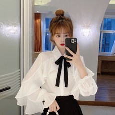 오리하우스 미네르바 미네르바 러브패리스 스타일 블라우스 가을 2020 새로운 디자인 활 긴 소매 쉬폰 셔츠 여성 틈새 흰색-12723