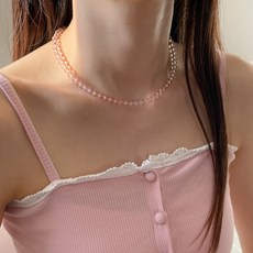 블루씨티 글래시 핑크 파스텔 라운드 구슬 원석 목걸이