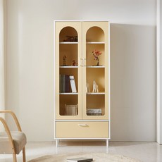 비엔또 800 400 유리장식장 홈카페 그릇장 주방수납 진열장, 800 장식장, 크림옐로우