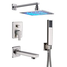Senlesen 브러시 스프링클러 샤워 조합 세트 벽 설치 3 채널 샤워 시스템 12 LED 램프 비 물 샤워 헤드 핸드 헬드 샤워 및 목욕 스파 아프트 수도꼭지, 본상품