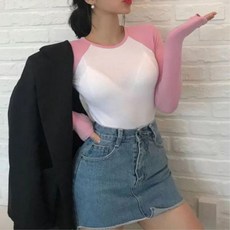 여성 슬림핏 어깨배색 나그랑 긴팔티 여자무지티