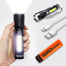 원동쓰 슈퍼 줌라이트 레이저 LED 충전식 다용도 초강력 미니 손전등 C타입 낚시 등산, 1개, 블랙