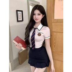 대학 스타일 순수한 정욕의 매력 유니폼 정장 여름 작은 핑크 셔츠 허리 주름 짧은 치마 투피스 세트