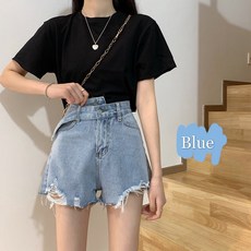 미래물 여름 복고항 느낌의 불규칙한 디자인에 하이웨스트 디스트로이드 레드 데님 반바지 여성 핫팬츠