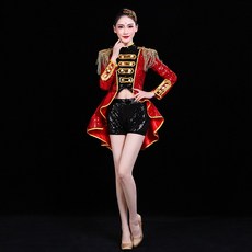 트로트 고고 아랑 장구 난타 행사 공연복 의상 현대 스팽클 무용 재즈 댄스 턱시도 의상, 빨간 긴팔