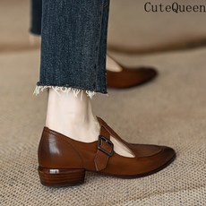 CuteQueen 귀여운여왕 단화 여성 프렌치 빈티지 캐주얼 스틸레토 가보시 브라운 스틸레토 메리제인