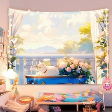 따스한 방 창가의 고양이 패브릭포스터 꽃 바다 풍경 태피스트리 방꾸미기 기분전환 라이브 촬영용품 북유럽 감성 홈 인레리어 7종택1