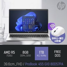 HP ProBook 455 G10 80D57PA / 주식 문서작업 사무용 인강용 [ 무선마우스 증정], FREE DOS, 8GB, 1TB, 실버